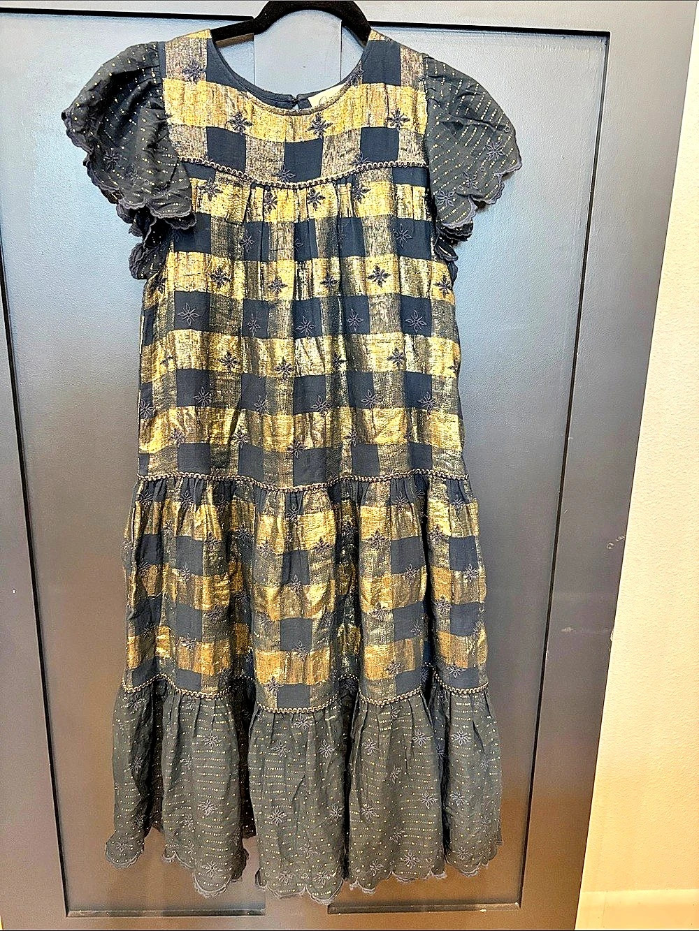 745. Ollari New York Checkered Midi Dress in Black & Gold Like New